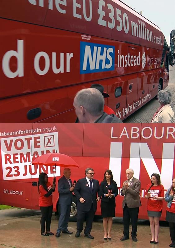 Ganz alltäglicher Wahlbetrug: Brexit-Bus (oben) auch in Labour-Rot (unten)